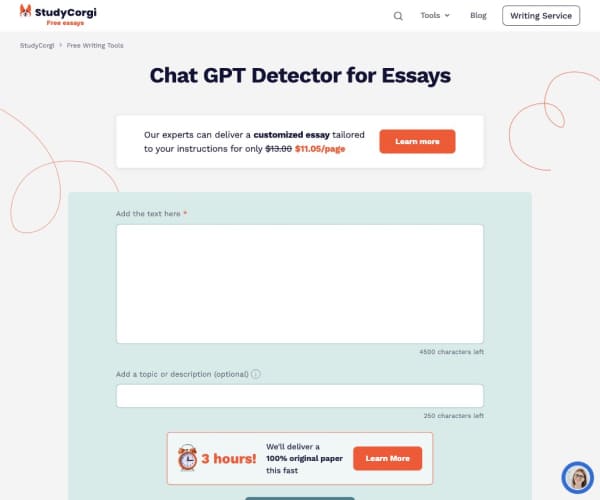 StudyCorgi ChatGPT Detector 页面预览